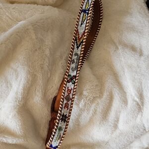 Hand Beaded Genuine  Leather Belt. Indian Design. Size 34. Measures 37.5" long.